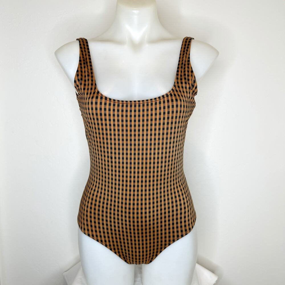 Everlane The Square Neck One Piece Swimsuit Womens Small Orange Black Gingham